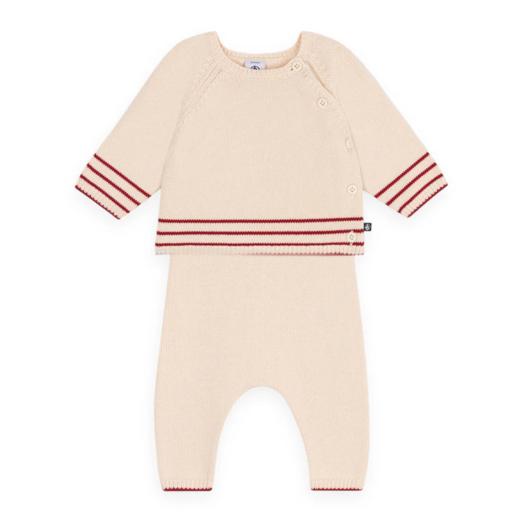 Baby Boy Set Knit Stripe Sweater and Pants Cream and Red S25