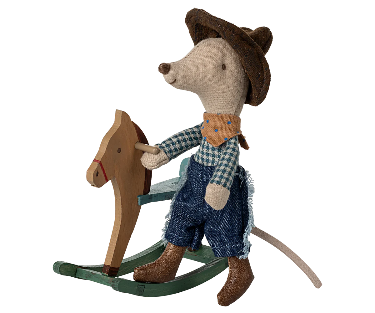 Cowboy mouse on rocking horse, Little brother