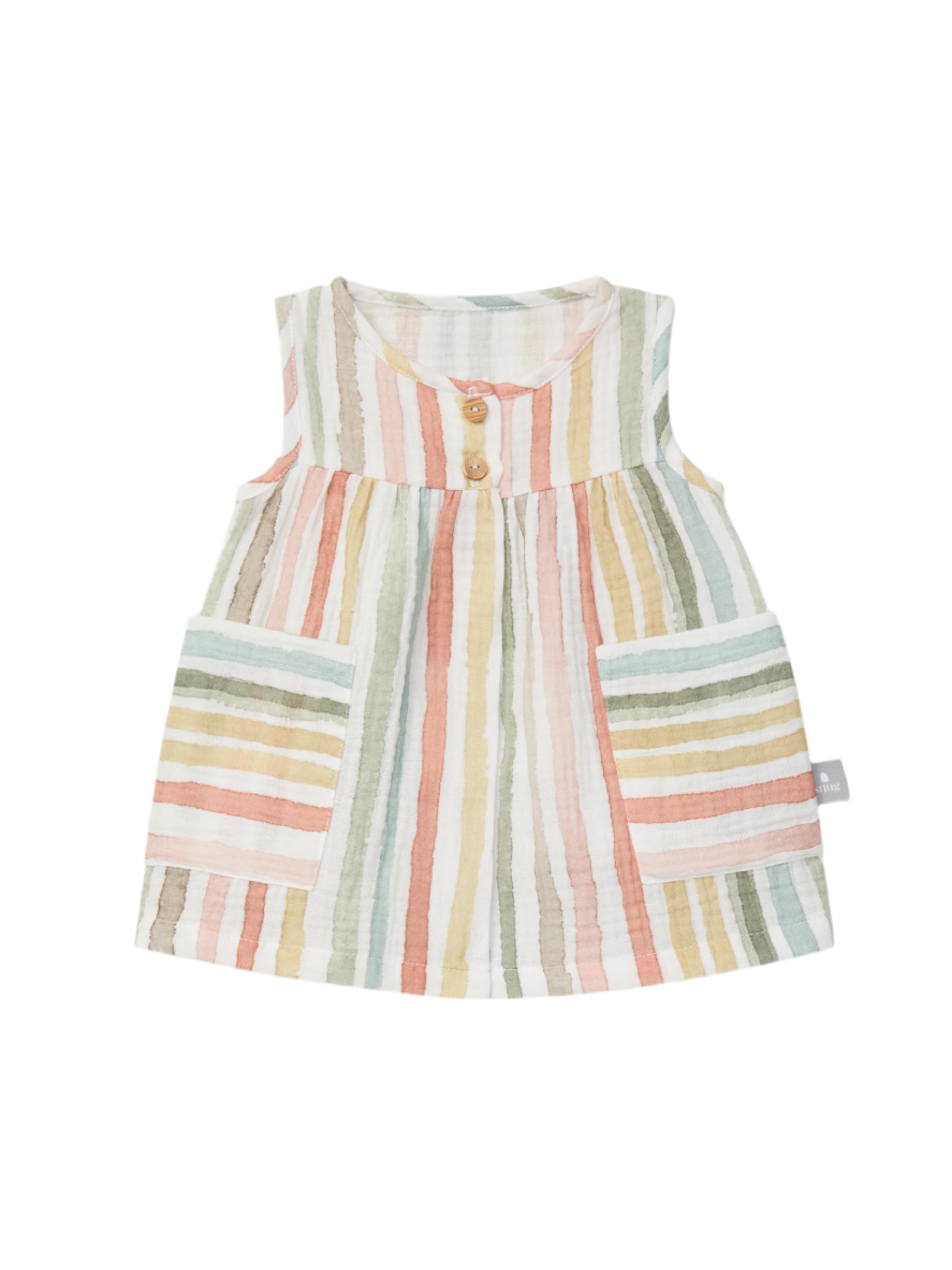 Front view of a striped dress by SNUG, featuring a multi-color striped pattern, wooden button detailing, and functional pockets. Perfect for a stylish summer look.