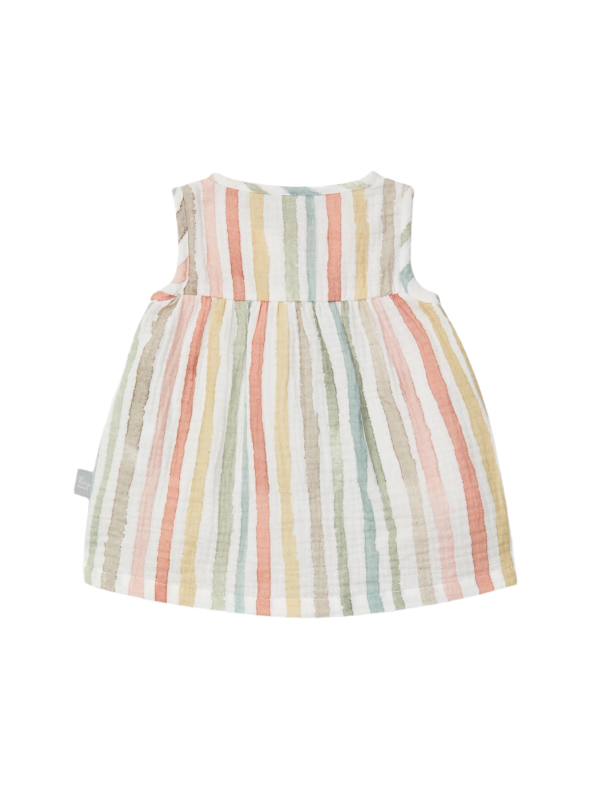 Back view of a striped dress by SNUG, showcasing the playful multi-color striped design and breathable fabric ideal for warm weather.