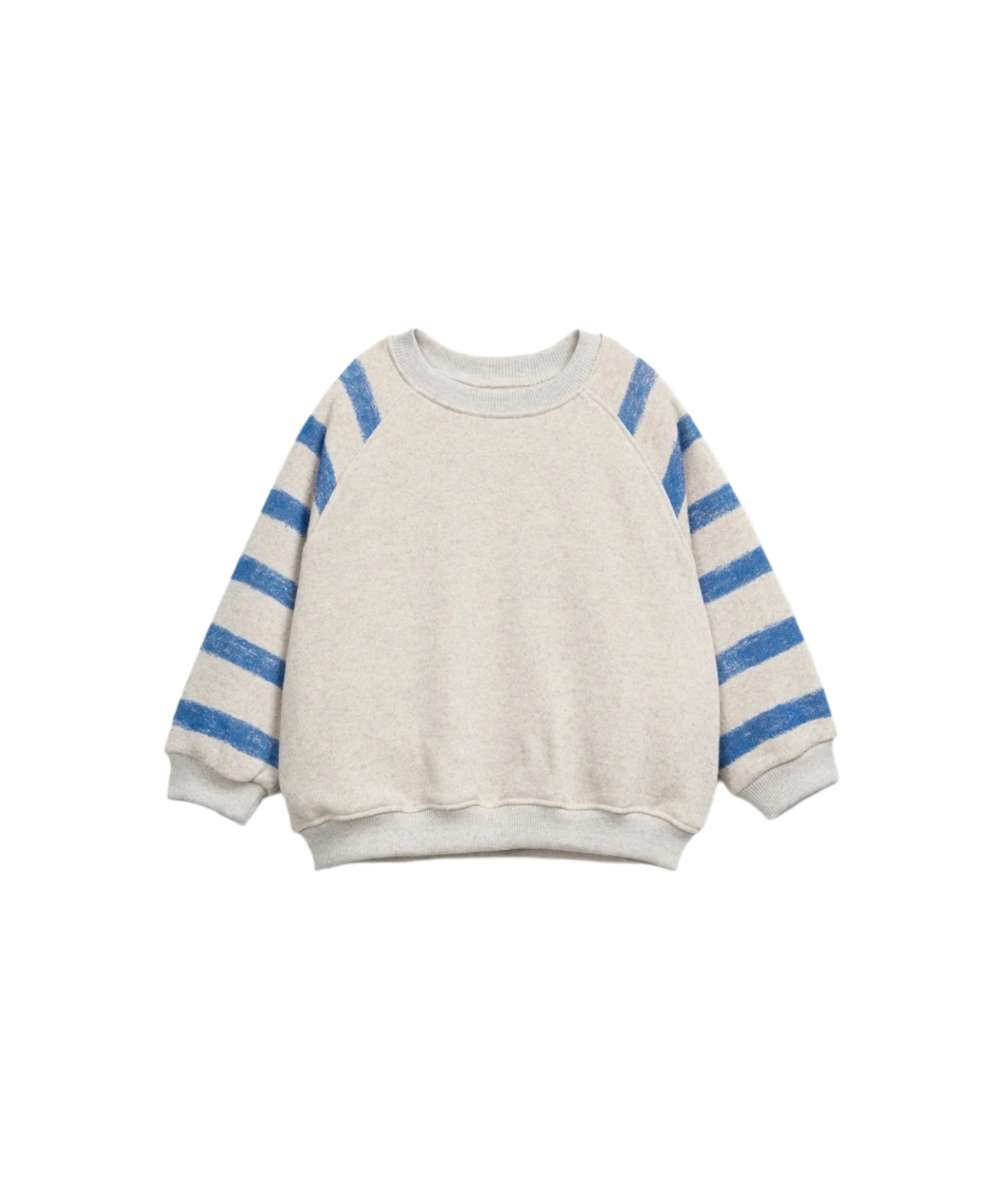 Tan Sweatshirt with Blue Stripe Sleeves