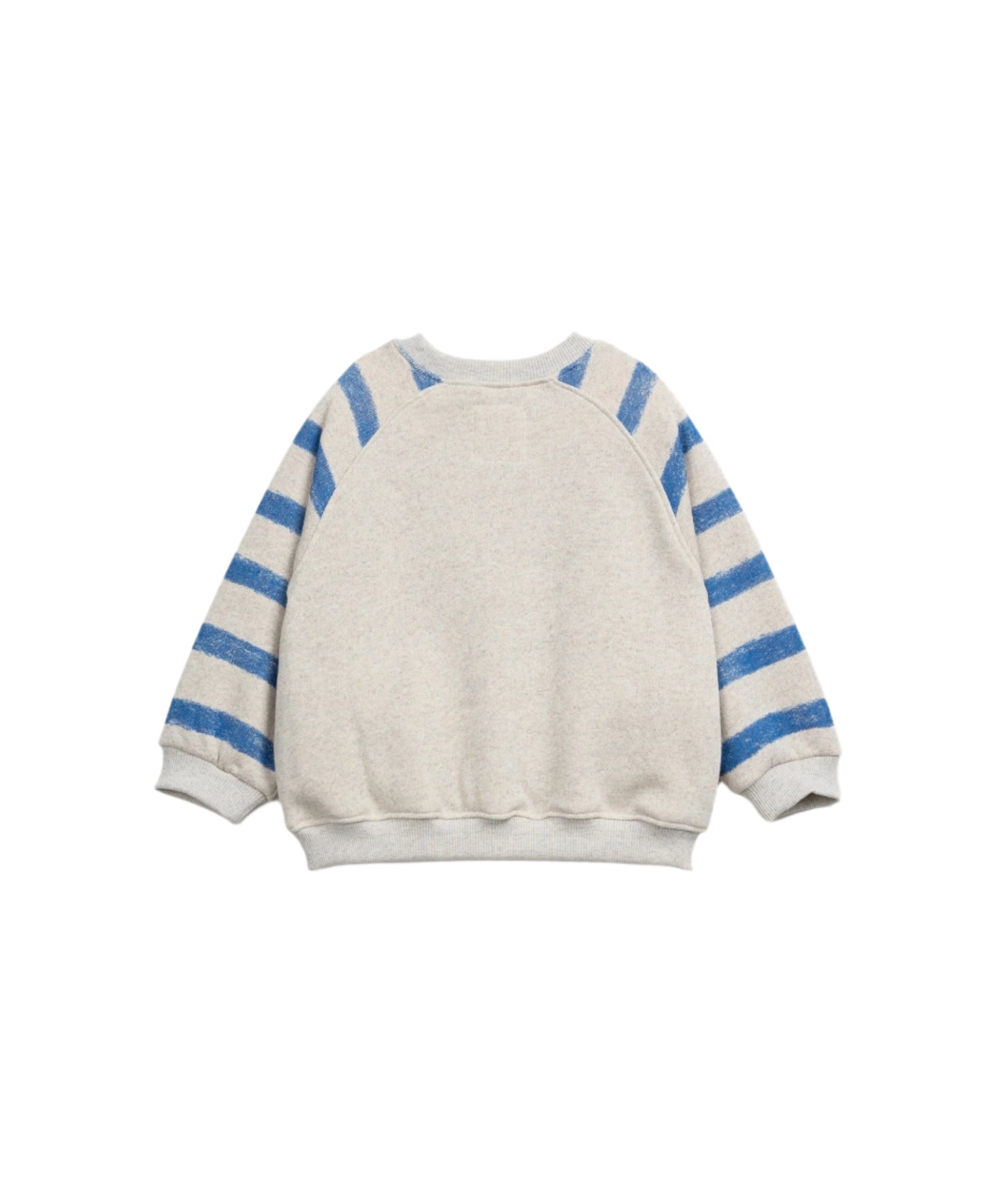 Tan Sweatshirt with Blue Stripe Sleeves