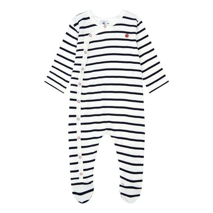 Baby Front Snap Stripe Footie Navy and White  S25