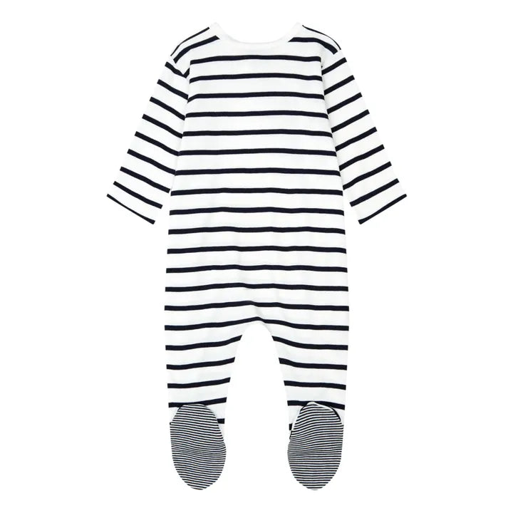 Baby Front Snap Stripe Footie Navy and White  S25