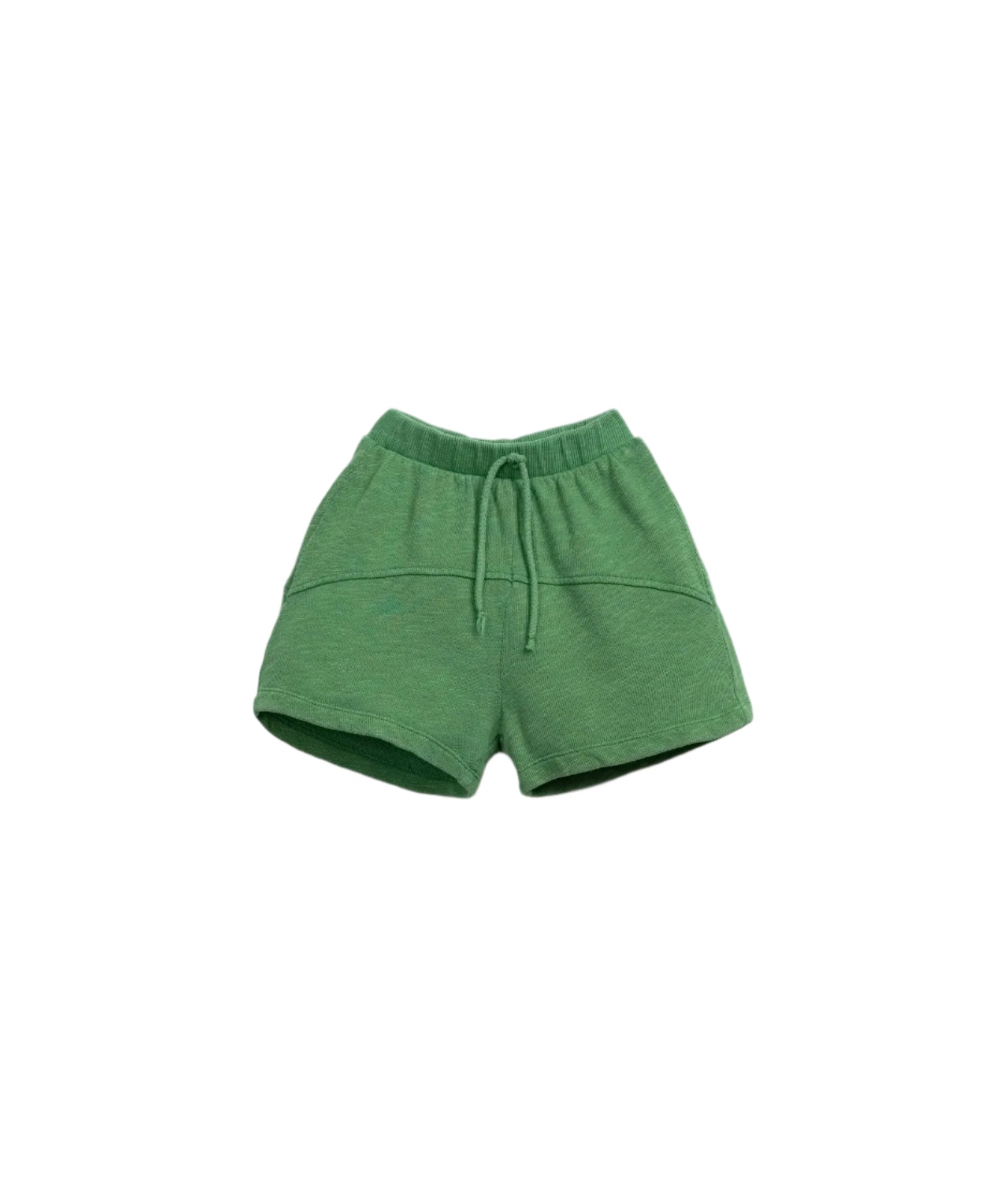 Front view of Cozy Green Fleece Shorts with Stretchy Waistband and Playful Drawstring by Play Up, made with an organic cotton blend.