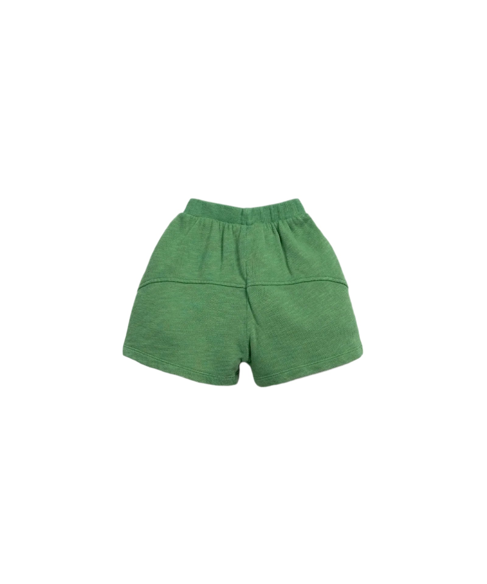 Back view of Cozy Green Fleece Shorts with Stretchy Waistband and Playful Drawstring by Play Up, crafted from a comfortable organic cotton blend.