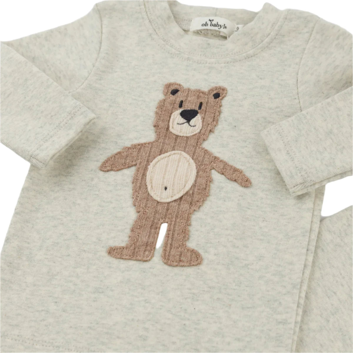 oh baby! Long Sleeve Two Piece Set - Shaggy Bear Applique - Oatmeal Heather