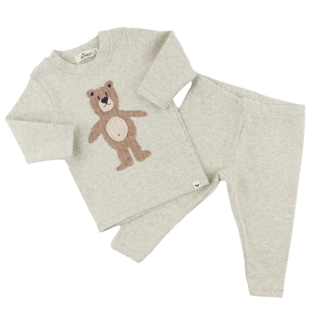 oh baby! Long Sleeve Two Piece Set - Shaggy Bear Applique - Oatmeal Heather