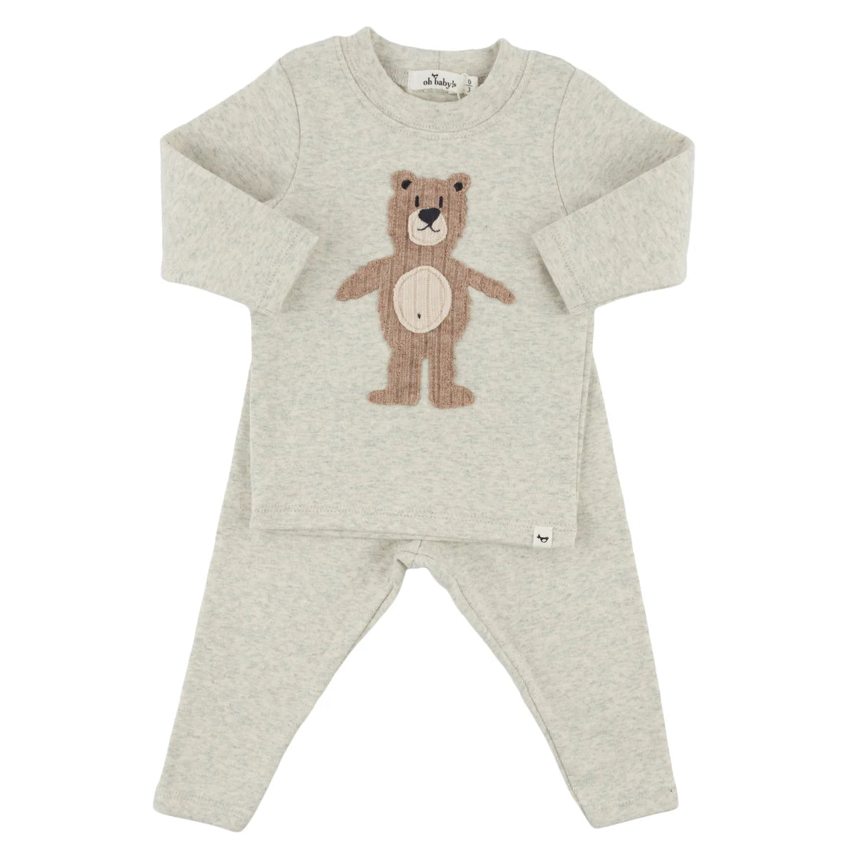 oh baby! Long Sleeve Two Piece Set - Shaggy Bear Applique - Oatmeal Heather