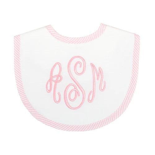 3 Marthas pink seersucker bib featuring a soft cotton terry back, designed for newborns to 2 years, showcasing delicate pink embroidery and striped trim.