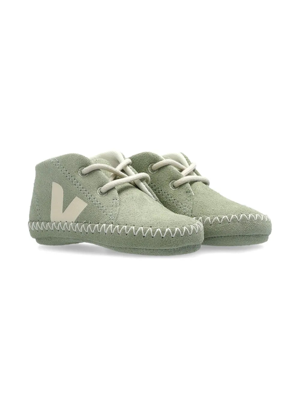 Veja Baby Light ZZ Suede Clay Pierre baby shoes in green suede with laces, perfect for little ones making their first steps.