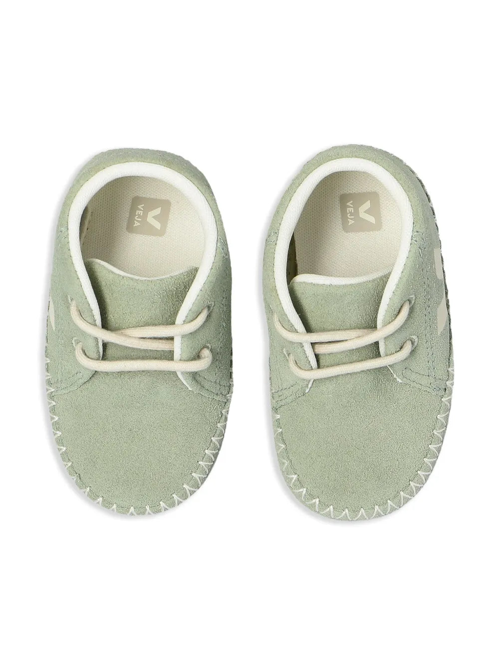 Top view of Veja Baby Light ZZ Suede Clay Pierre baby shoes featuring soft green suede and laces for a snug fit.