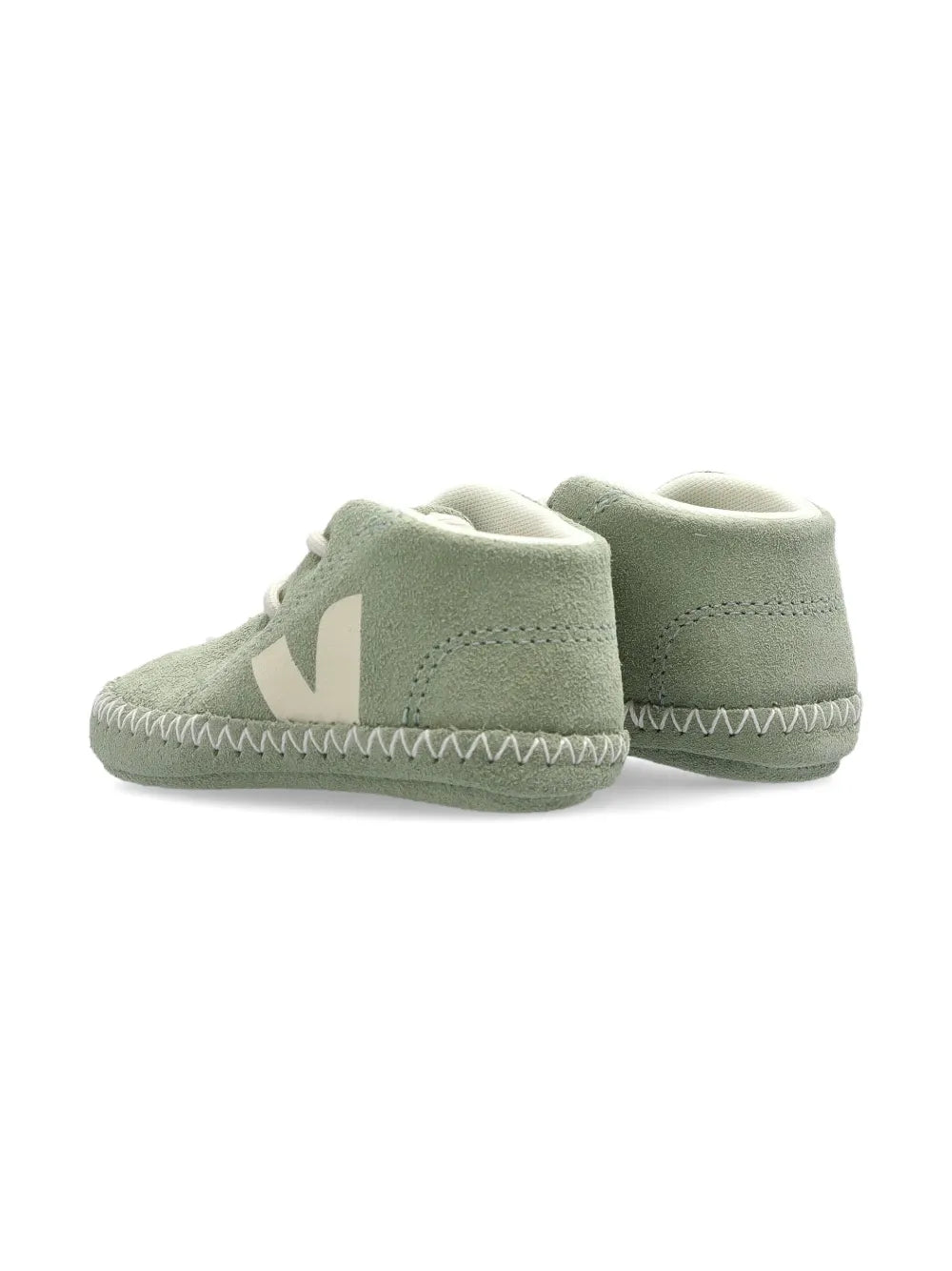 Back angle of the Veja Baby Light ZZ Suede Clay Pierre showcasing the stylish green suede design and logo.