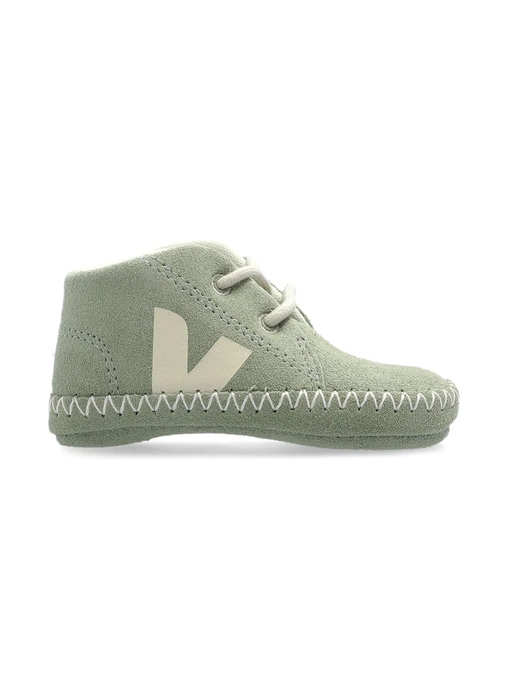 Side view of the Veja Baby Light ZZ Suede Clay Pierre highlighting the suede material and stitching details.