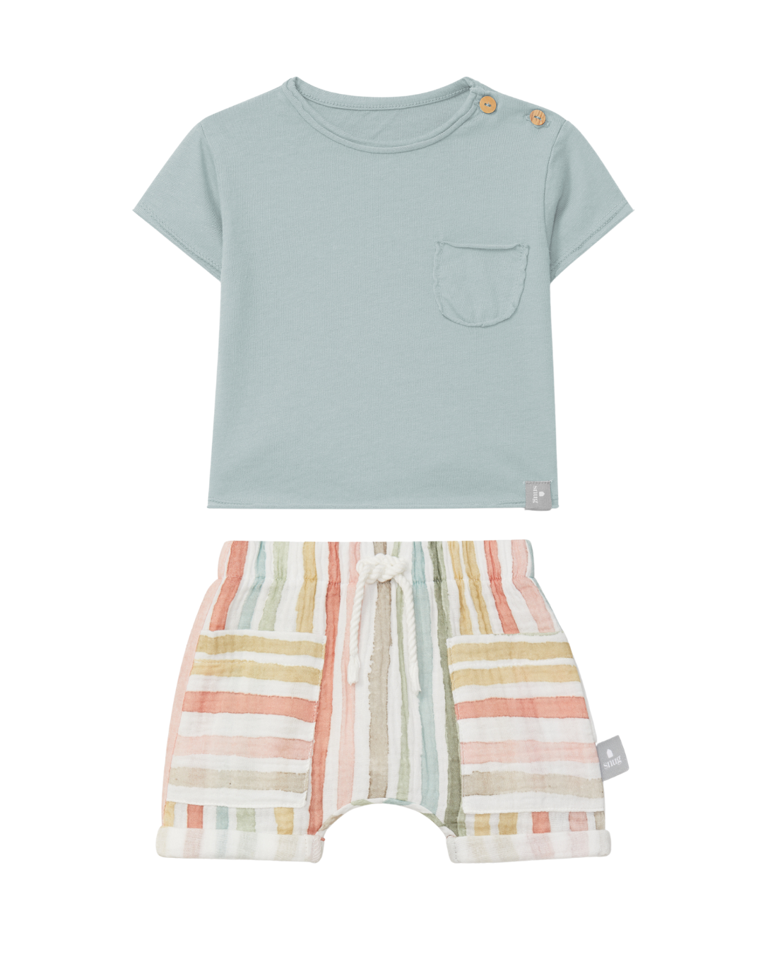 Green Tee with Multi Striped Short Set