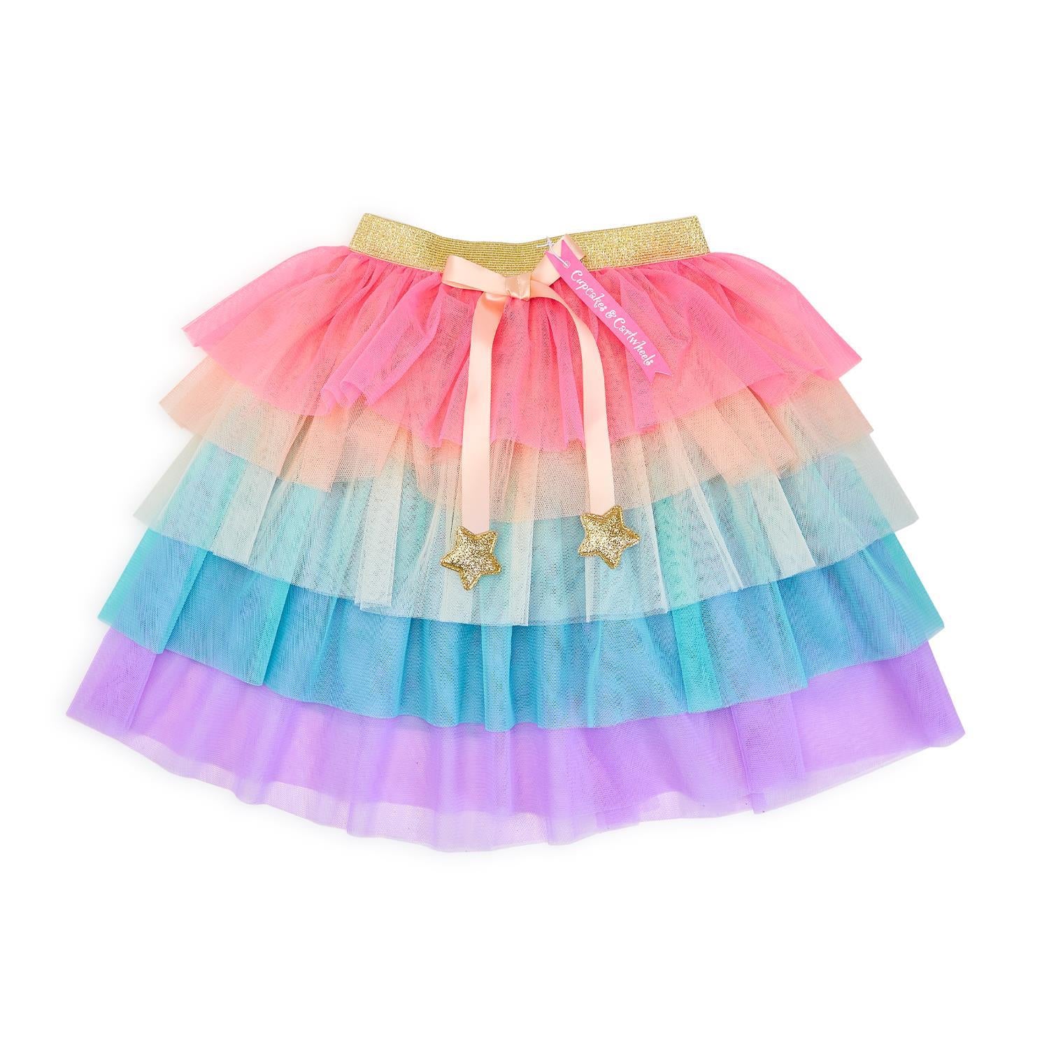 Rainbow Ruffles Tulle Dress Up Tutu with Gold Stars Ribbon