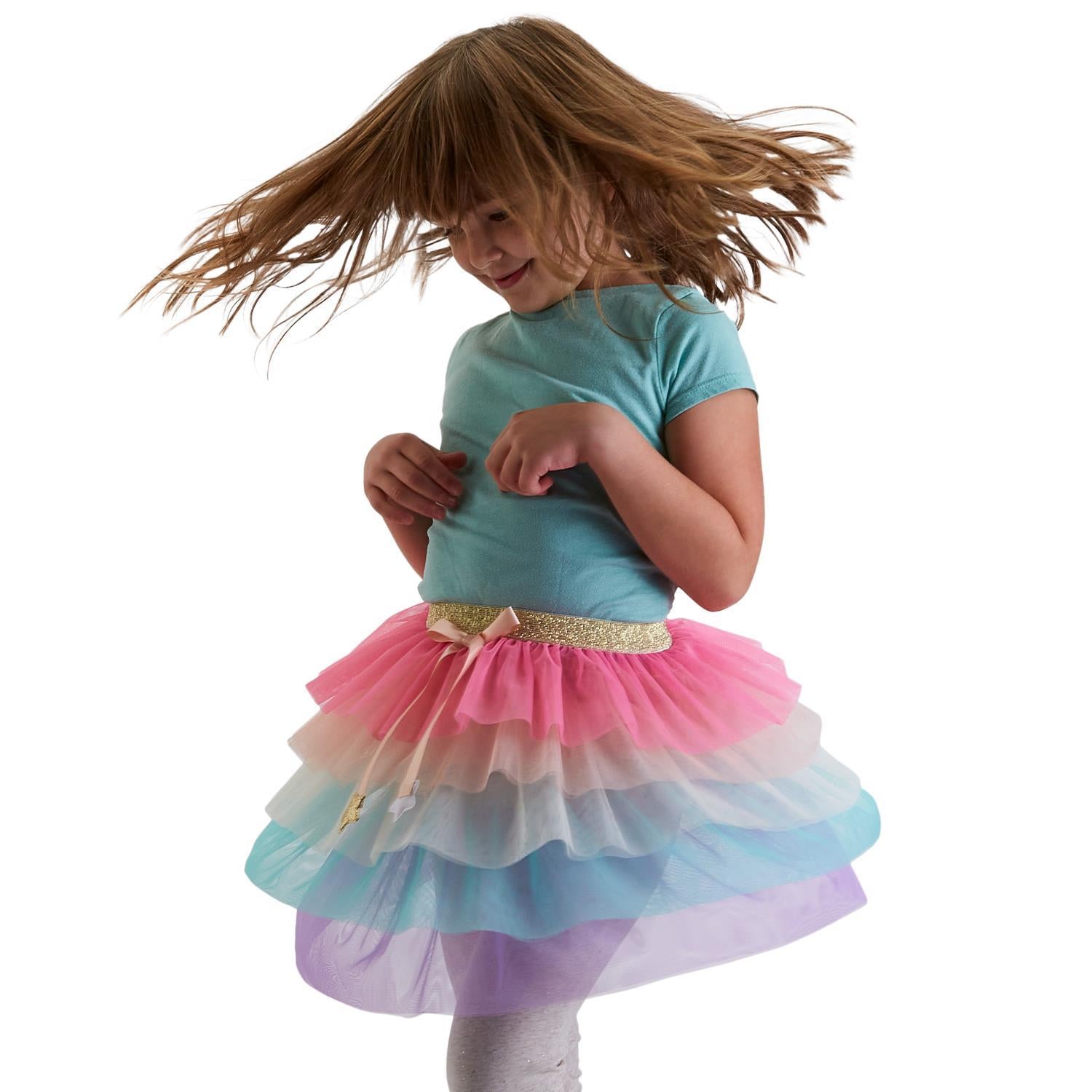 Rainbow Ruffles Tulle Dress Up Tutu with Gold Stars Ribbon