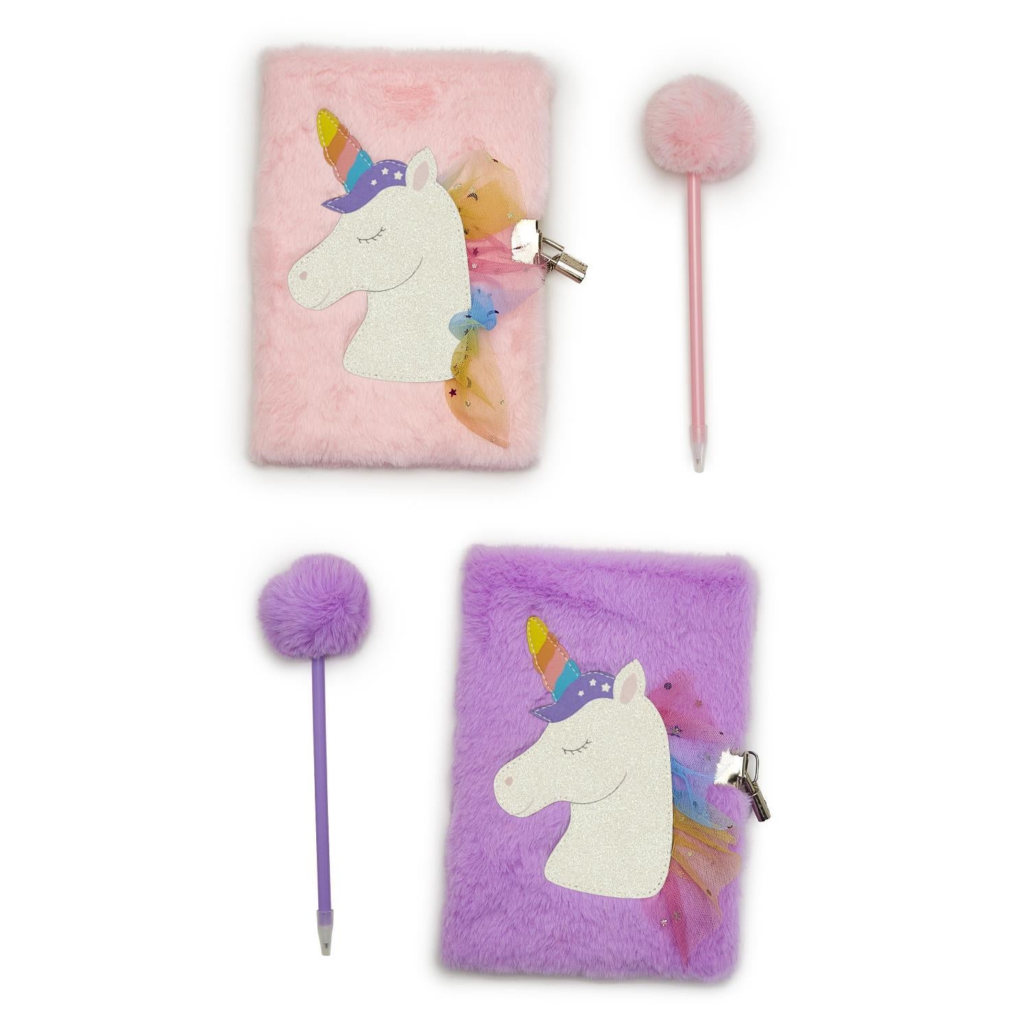 Glitter Unicorn Journal with Lock and Pom Pom Pen