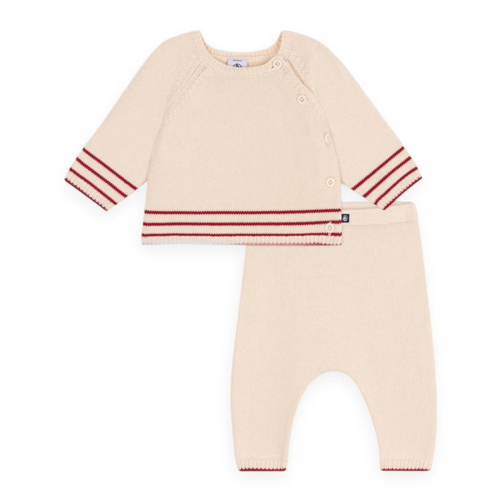 Baby Boy Set Knit Stripe Sweater and Pants Cream and Red S25