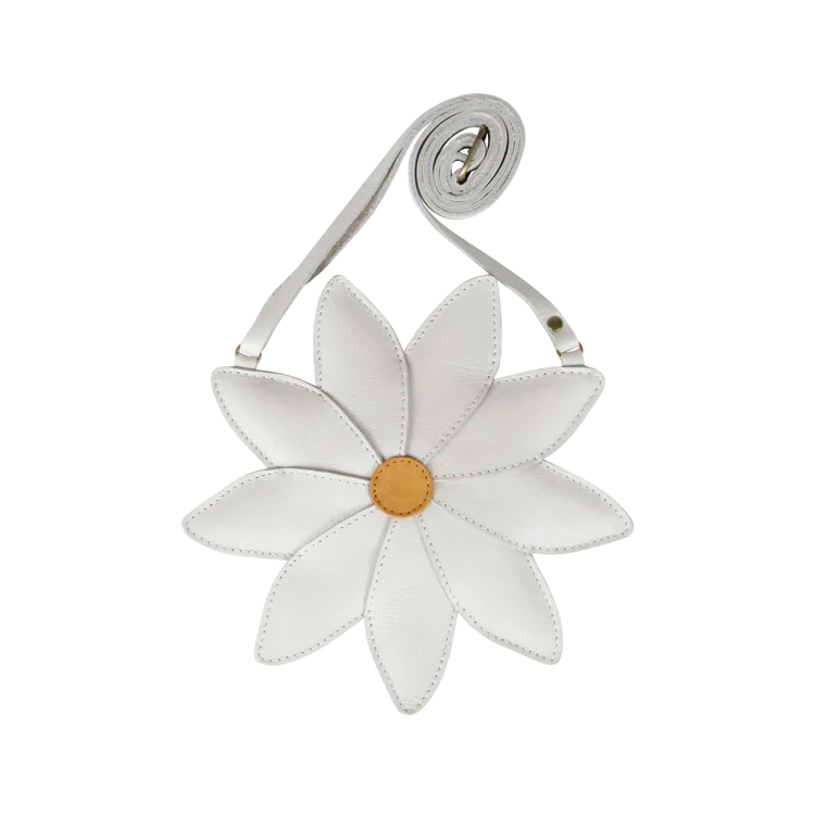 Donsje Toto Purse in Daisy White Leather featuring a flower shape design, crafted from premium leather with an adjustable strap, perfect for kids' summer outings.