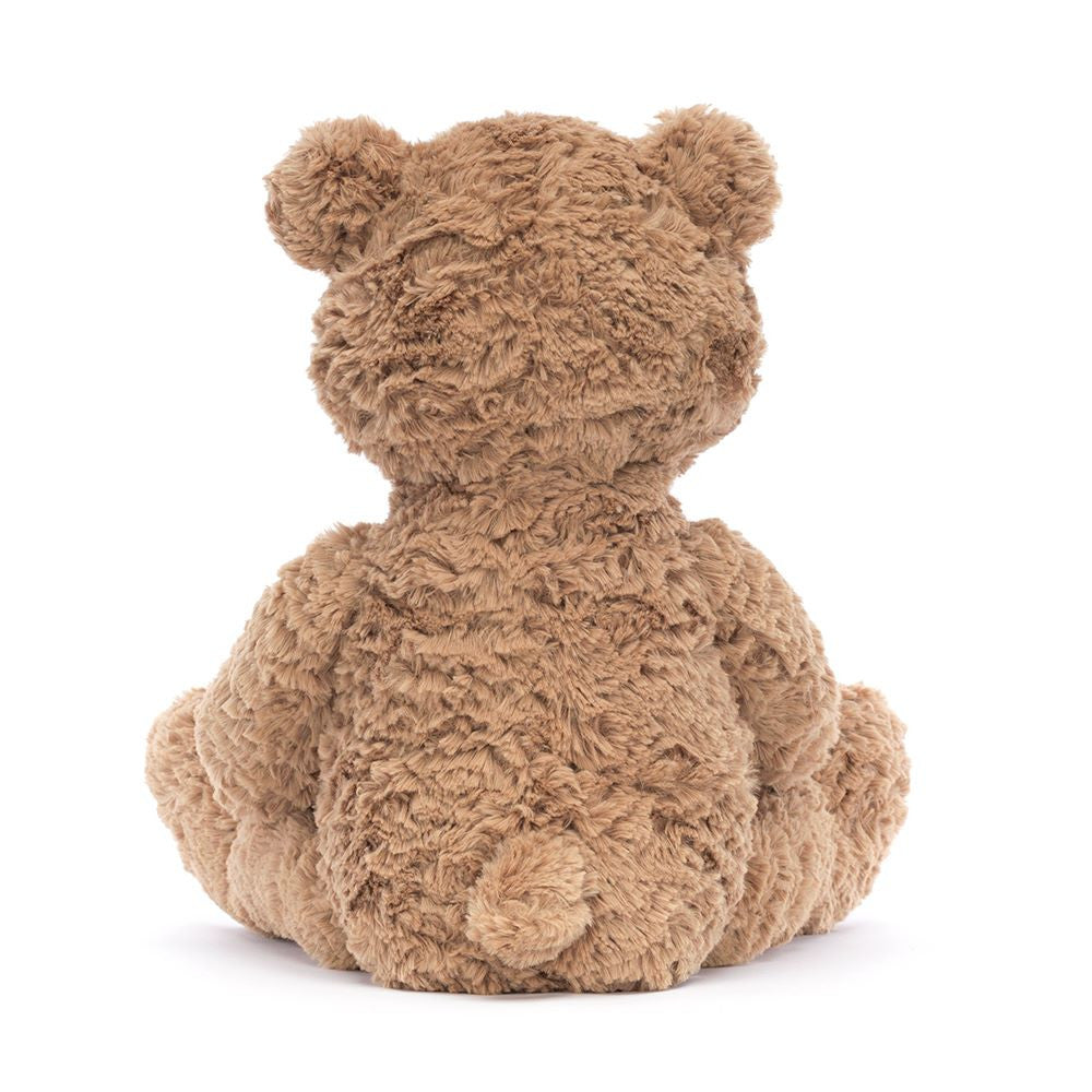 Rear view of Bumbly Bear Medium by JellyCat, highlighting its soft brown fur and adorable fluffy ears.