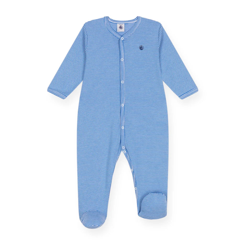 Baby Boy Front Snap Stripe Footie Blue and White  S25