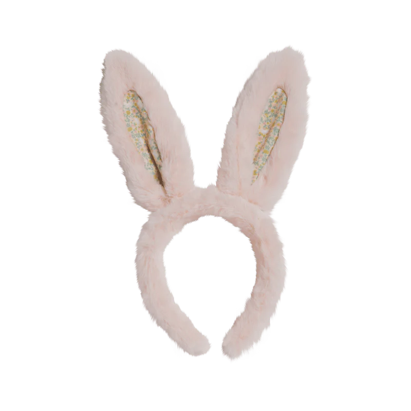 Fluffle Bunny Ear Headband in pink by Olli Ella, featuring soft plush bunny ears with a floral lining, perfect for playful dress-up.