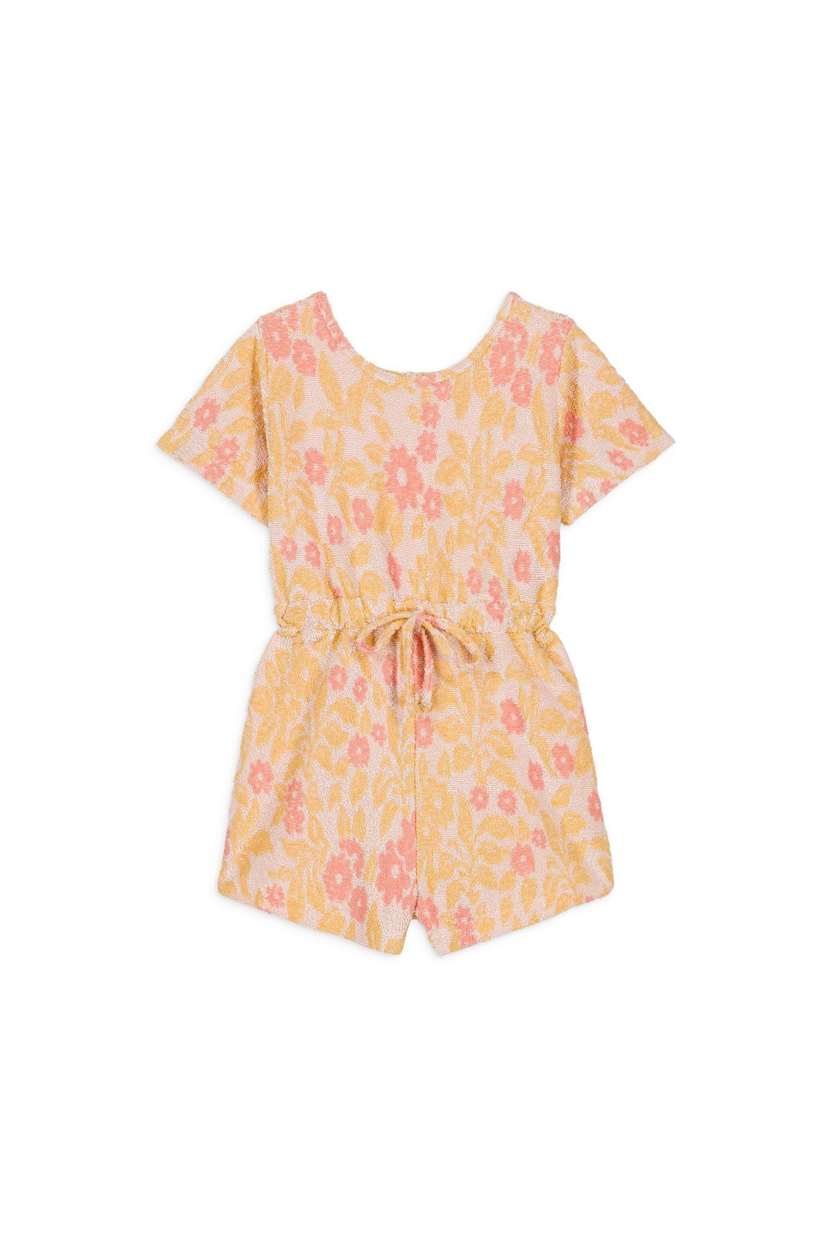 Louise Misha Jumpsuit Chaira in Cream Sunny Genista featuring a floral pattern with pink and yellow flowers. This stylish and comfortable jumpsuit is perfect for kids, showcasing a playful design suitable for any occasion.