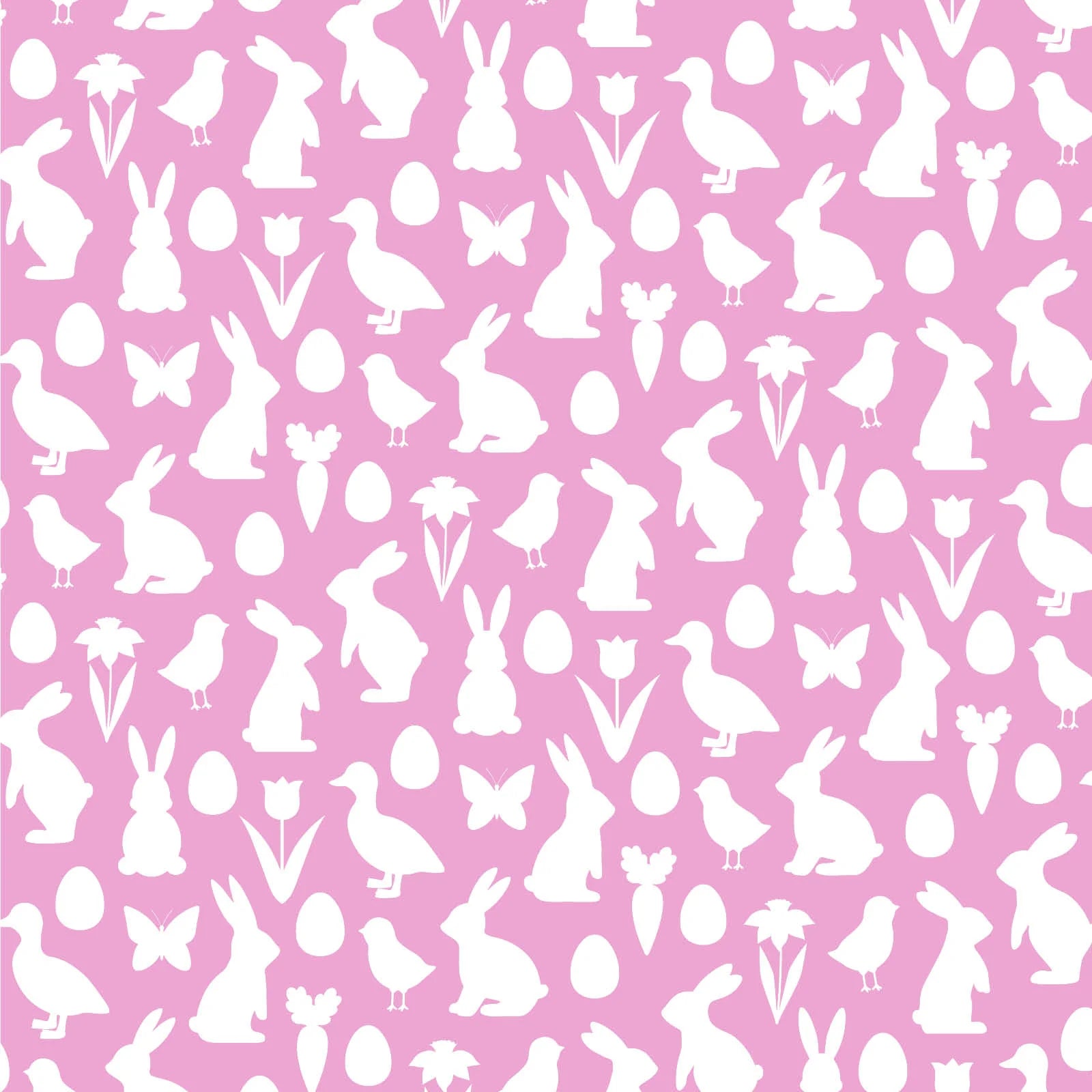 Pattern design of Lila and Hayes Camden Dress showcasing white silhouettes of bunnies, flowers, and butterflies on a pink backdrop, ideal for a pima cotton children dress.