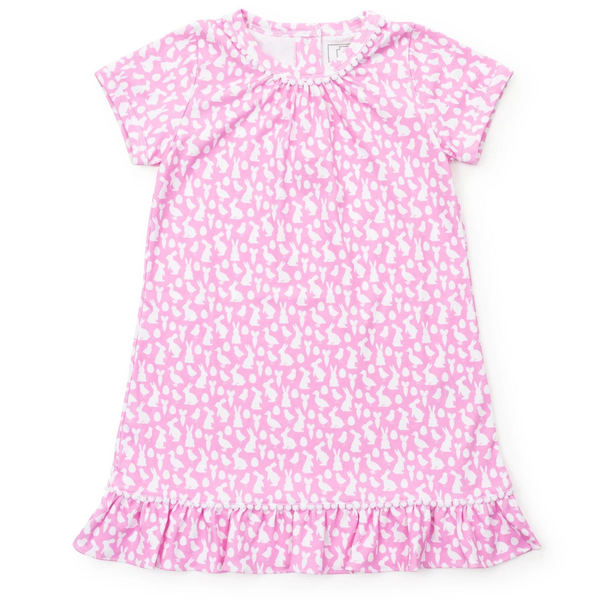 Lila and Hayes Camden Dress - Short Sleeve Pima Cotton Children Dress featuring a pink pattern with a flutter ruffle hem, perfect for spring and Easter.