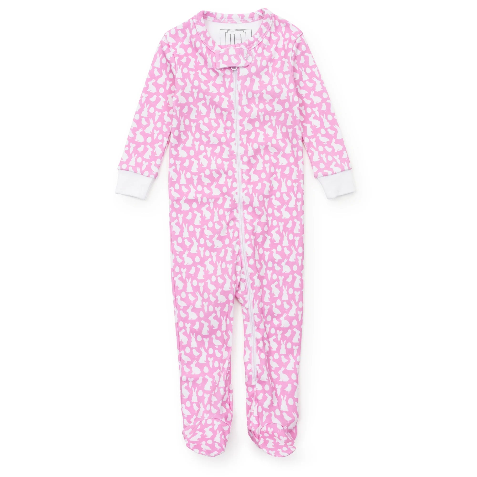 Parker Zipper Pajama Easter Time Pink by Lila and Hayes, featuring a cute pink design with bunny motifs, perfect for Easter celebrations.