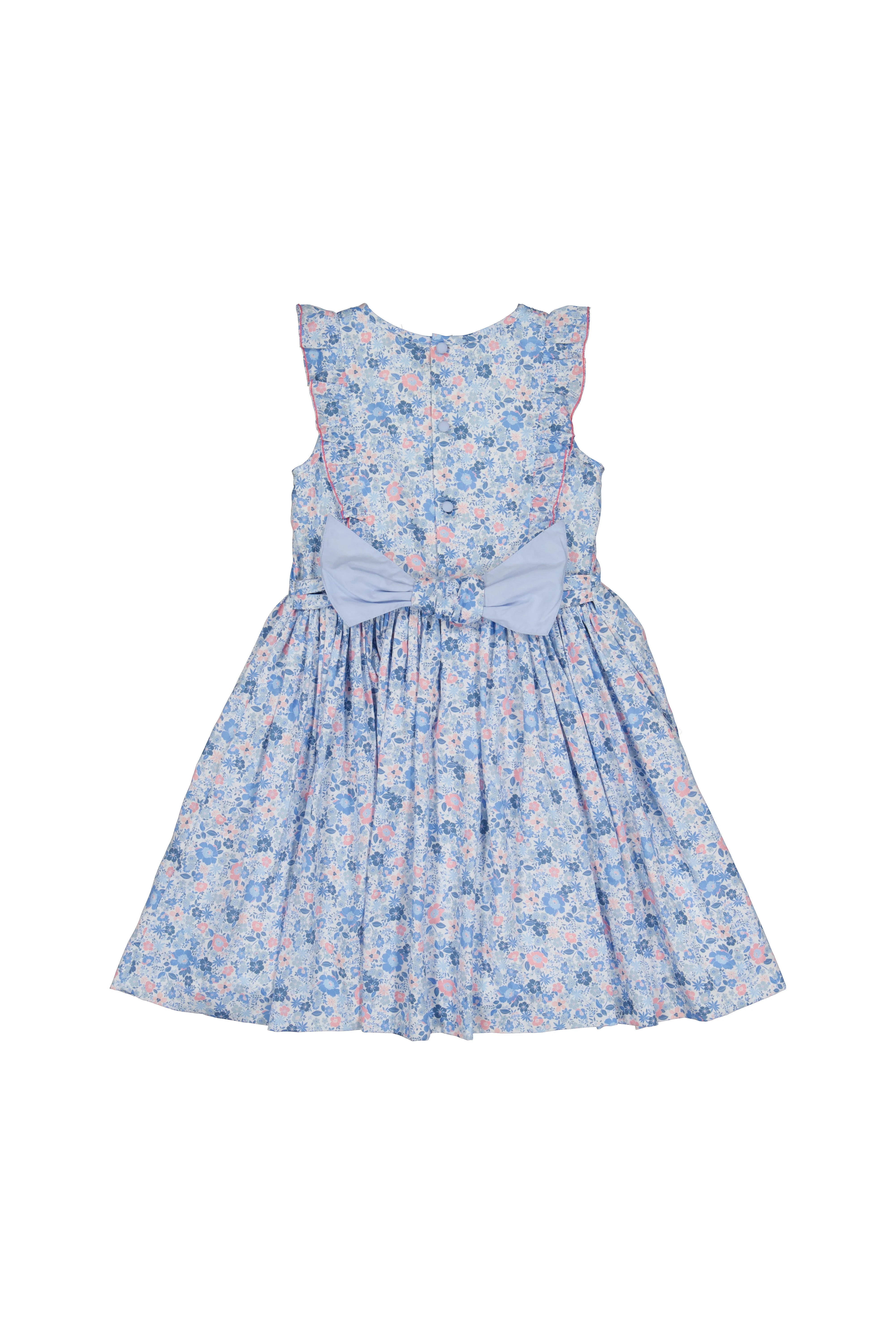 Marguerite Floral Blue Frill Sleeveless Smocked Dress and Purse