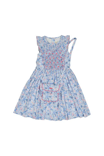 Marguerite Floral Blue Frill Sleeveless Smocked Dress and Purse