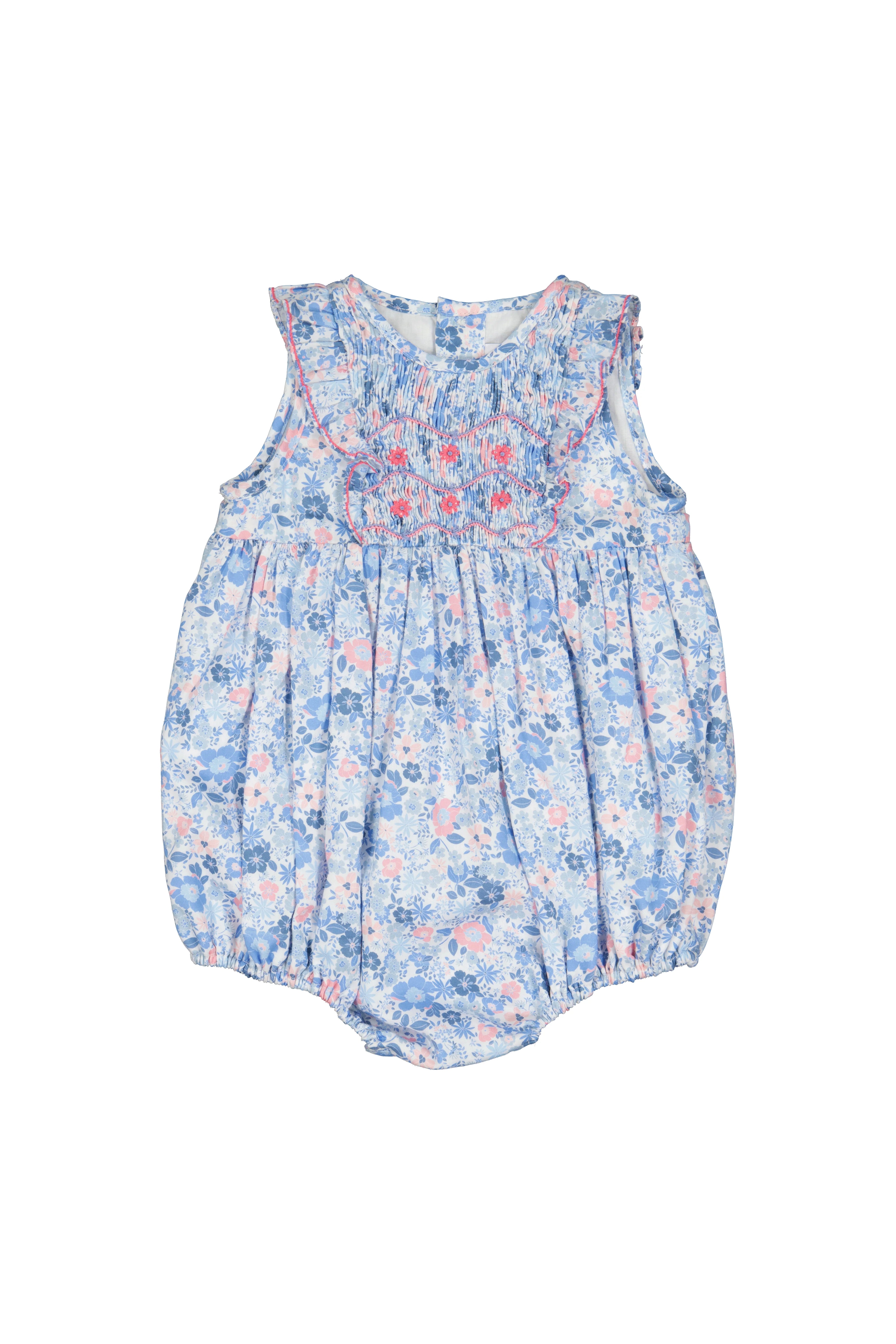 Marguerite Floral Blue Frilled Sleeveless Smocked Romper