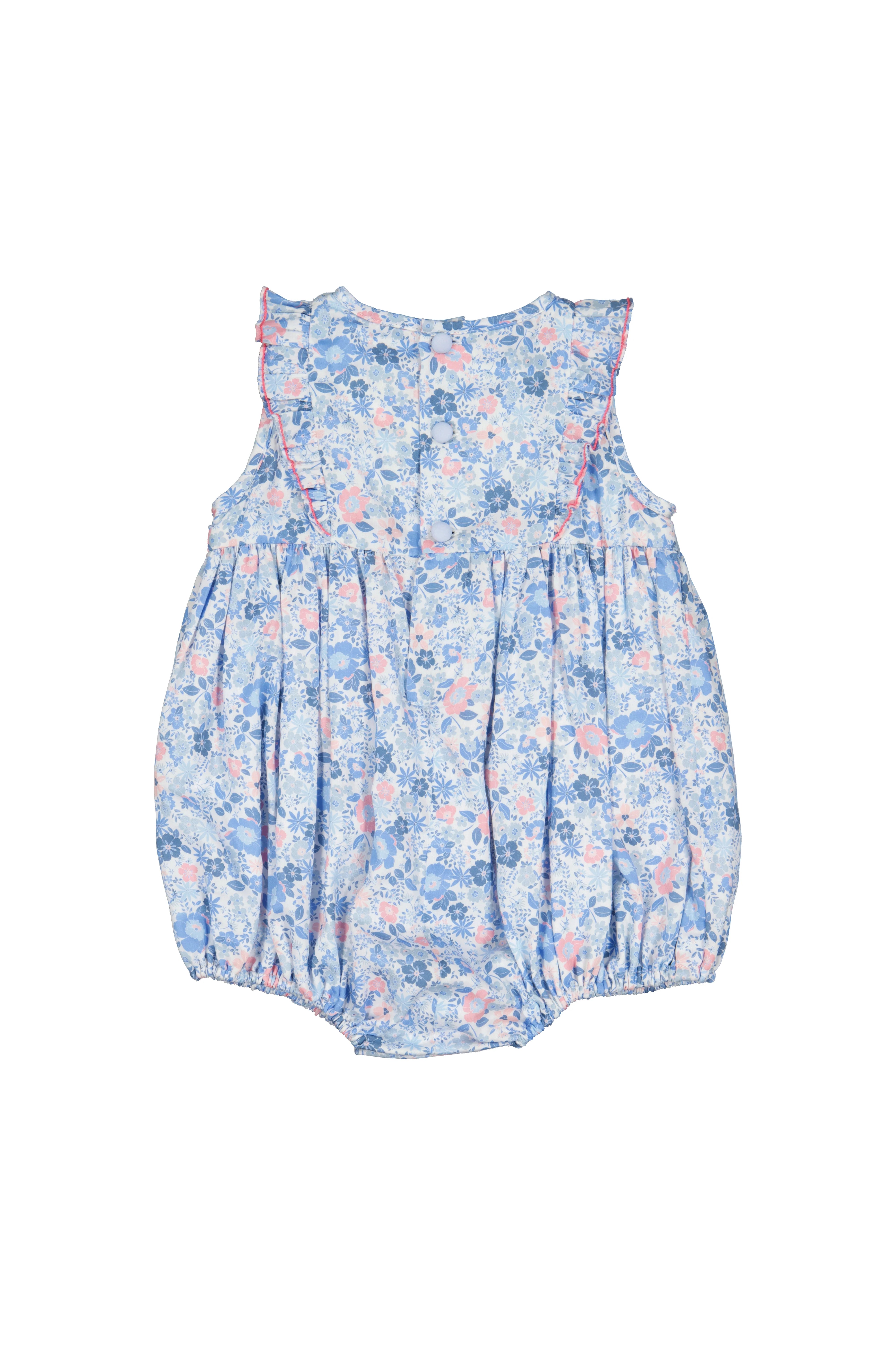 Marguerite Floral Blue Frilled Sleeveless Smocked Romper