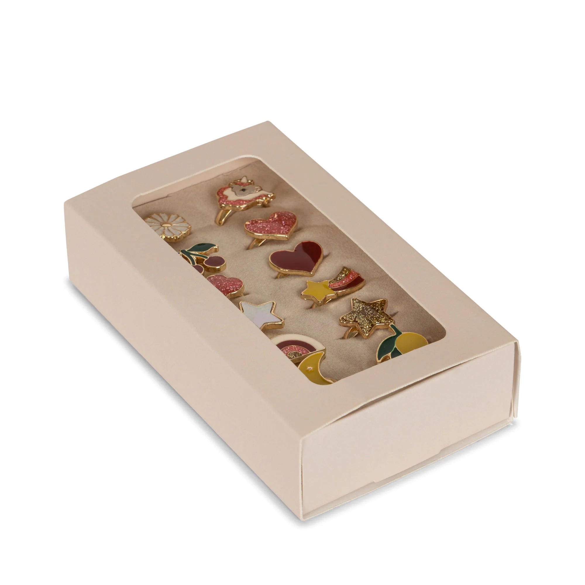 A beautifully packaged 12 Pack Ring Set from Konges Slojd, featuring decorative rings with various motifs visible through a clear window.