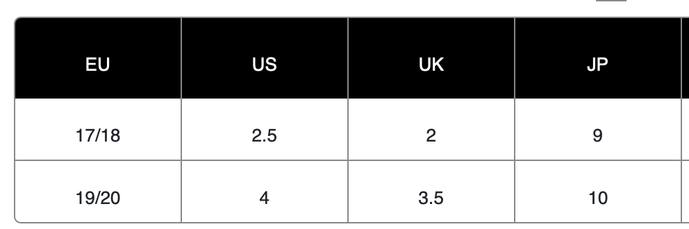 Size chart for Veja Baby Light ZZ Suede Clay Pierre, illustrating different EU, US, UK, and JP sizes for parents.