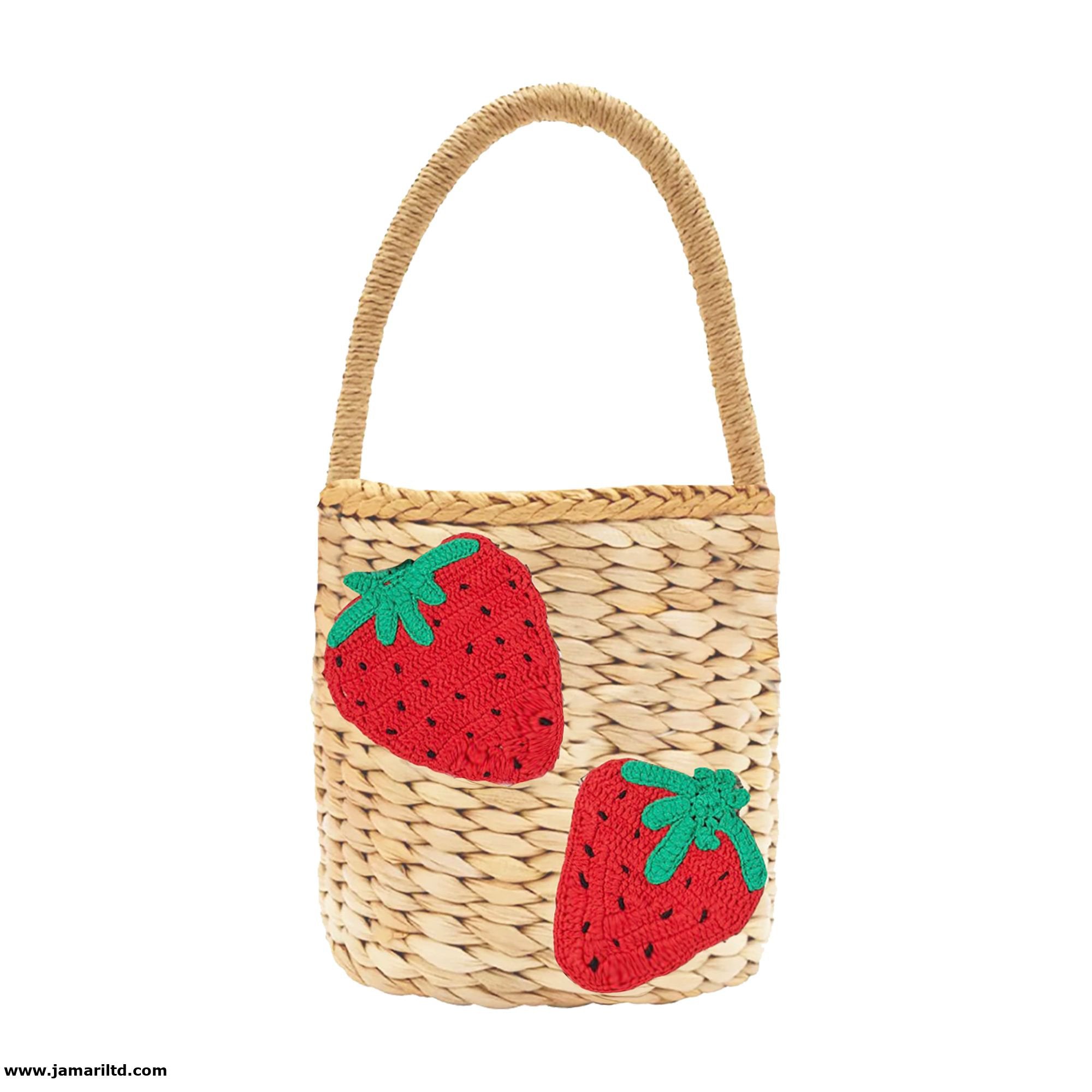 Girl Straw Bucket Bag with Strawberry Crochet Patch