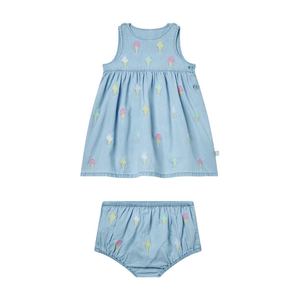 Baby Girl Chambray Dress with Ice Cream Embroidery