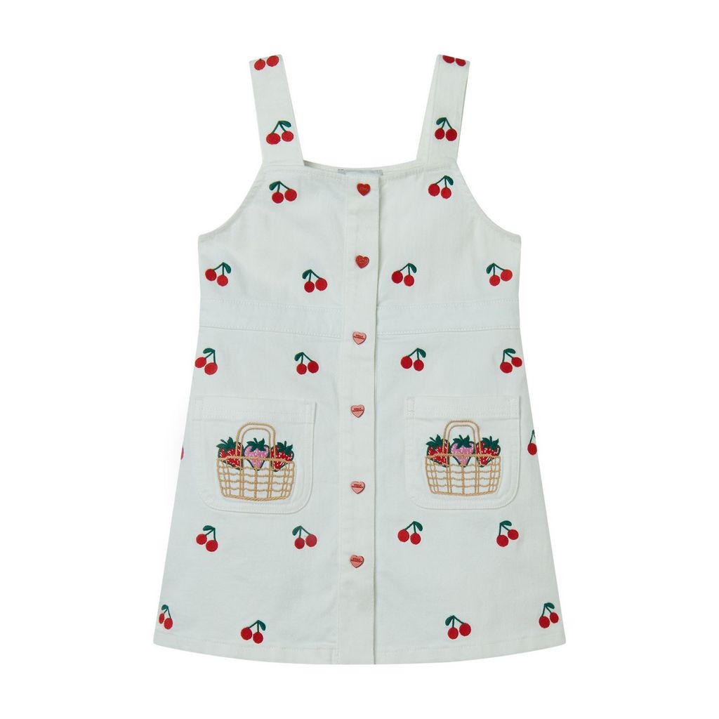 Girl Gabardine Dress with Cherries Embroidery