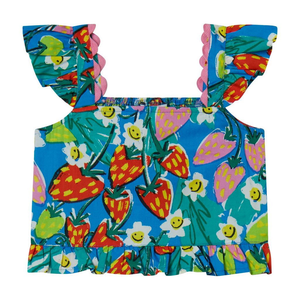 Girl Sleeveless Strawberry Floral Top With Ric Rac