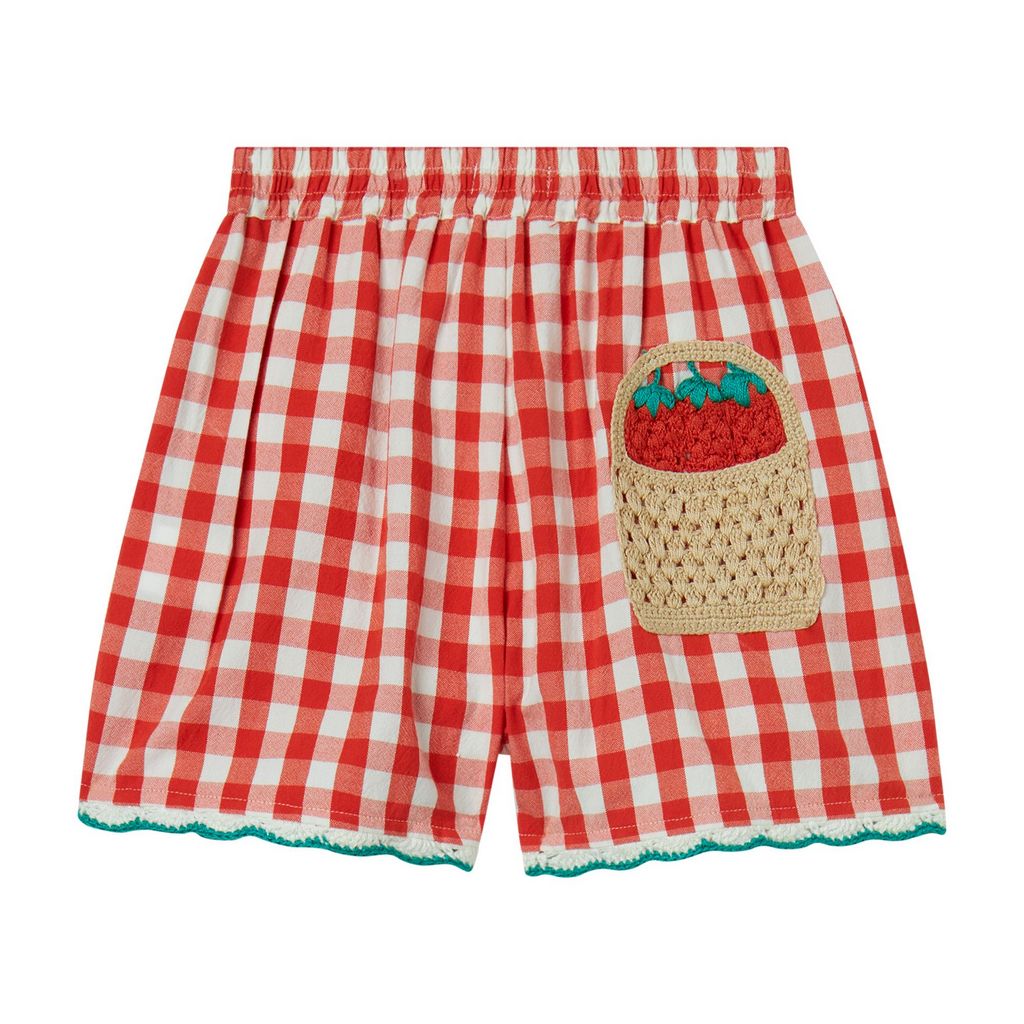 Girl Check Shorts with Crochet Strawberry Details