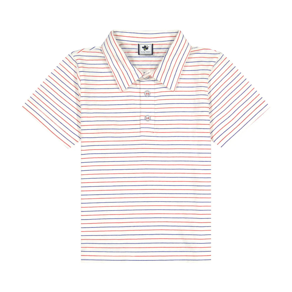 Boys Short Sleeve Polo Red White Blue Stripe Knit