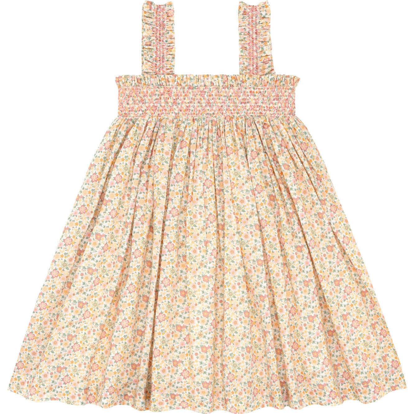 Marigold Floral Print Smocked Square Neck Ruffle Strap Dress, Yellow