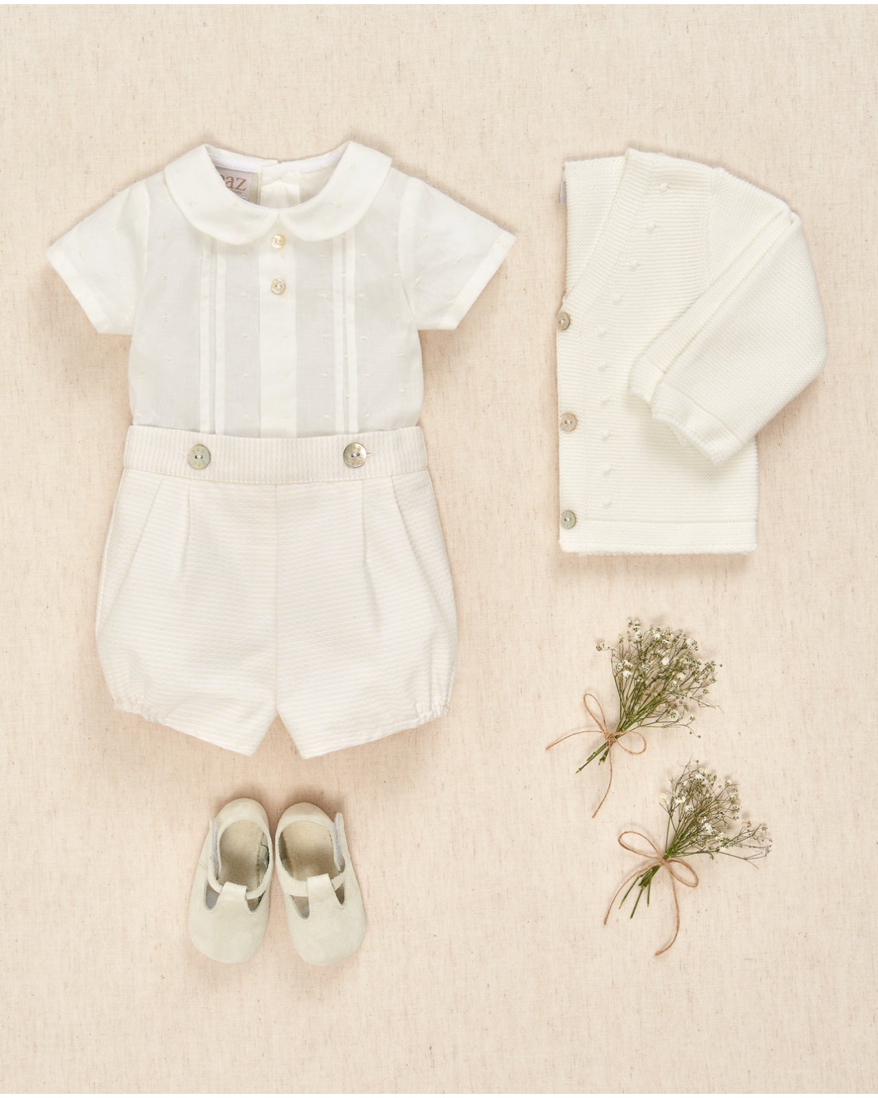 Cream Three Piece Set : Cardigan, Romper and Shirt