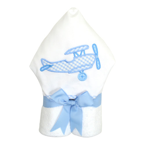 Fun and cozy 3 Marthas Everykid Hooded Towel Airplane, featuring a whimsical airplane applique and a charming blue bow, perfect for kids up to 8 years old, made from soft cotton terry cloth.