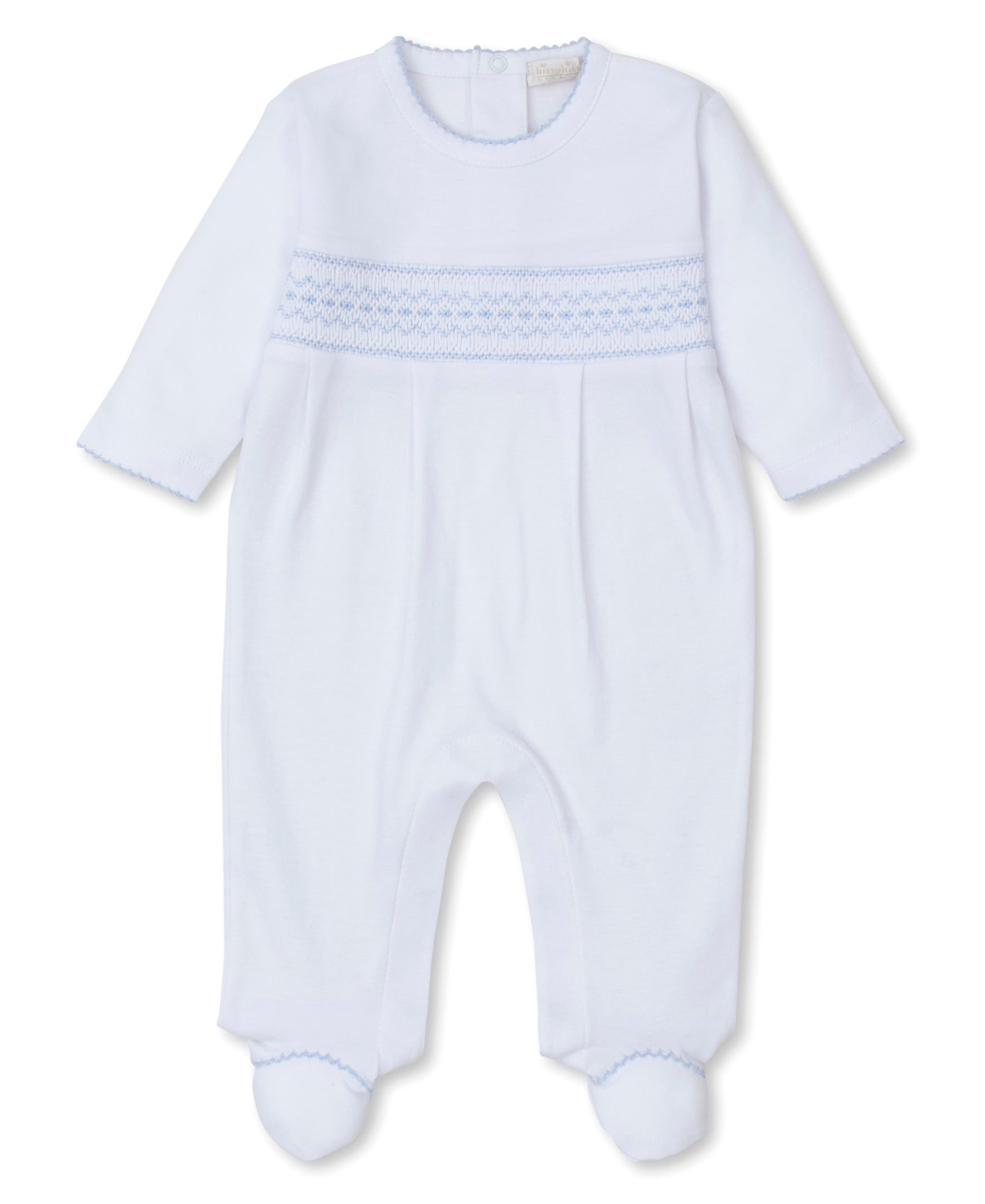 CLB White/Blue Hand Smocked Footie