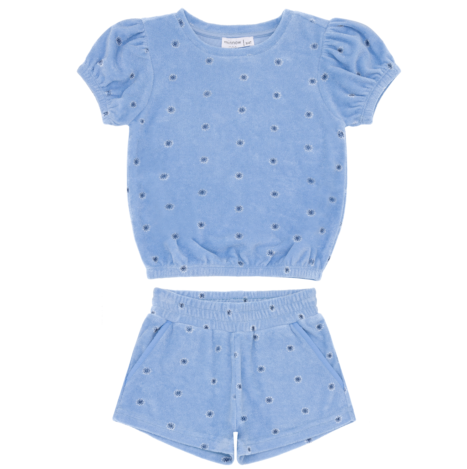 Girl's Vista Blue Daisy French Terry Puff Sleeve Shorts Set