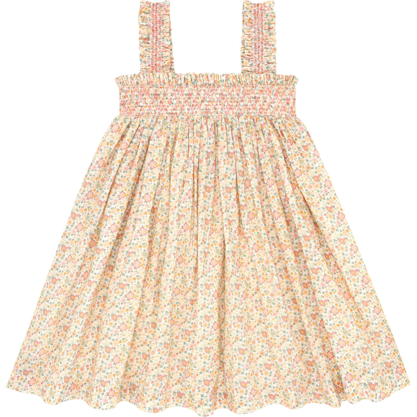 Marigold Floral Print Smocked Square Neck Ruffle Strap Dress, Yellow