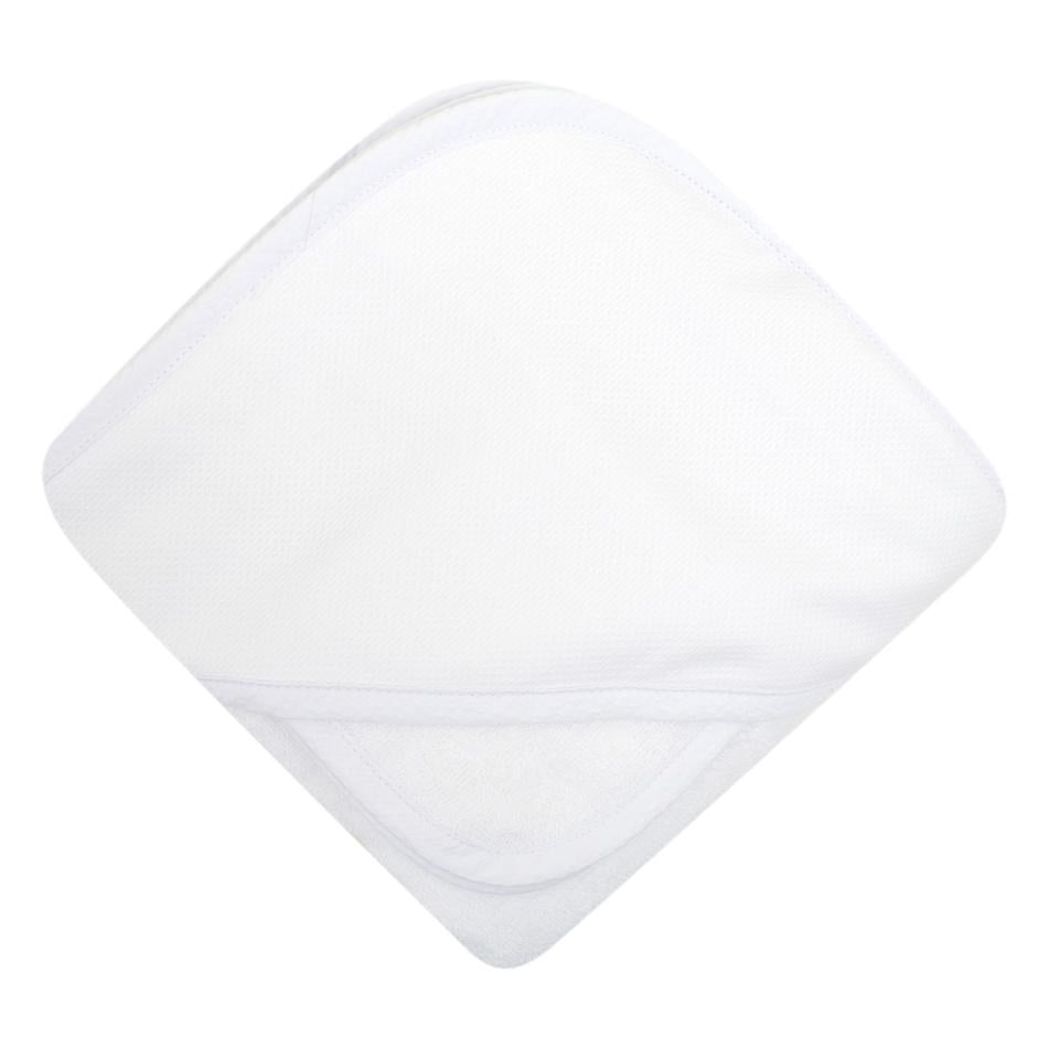 A plush, white hooded towel from 3 Marthas, featuring soft cotton terry fabric, ideal for newborns and toddlers. Perfect addition to the 3 Marthas Check Boxed Hooded Towel Set in Blue, White, and Pink. 3-marthas, cf-size-white.